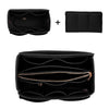 Black felt cosmetic organizer pouch shown in two views, including an open and closed version.