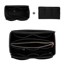 Black felt cosmetic organizer pouch shown in two views, including an open and closed version.