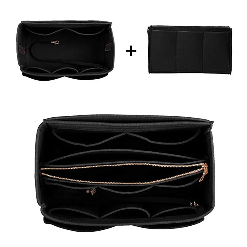Black felt cosmetic organizer pouch shown in two views, including an open and closed version.