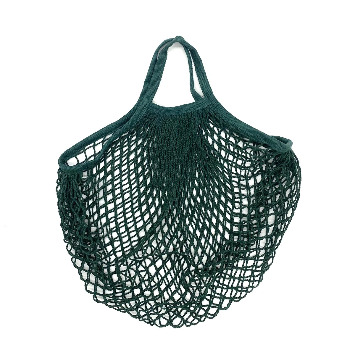A dark green reusable organic cotton mesh grocery tote bag with a drawstring closure.