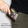 A hand holds a brown genuine leather RFID blocking card holder against a dark shirt and olive green pants.