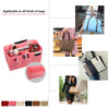 A pink felt cosmetic organizer pouch with multiple compartments shown next to various bags.