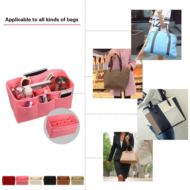 A pink felt cosmetic organizer pouch with multiple compartments shown next to various bags.
