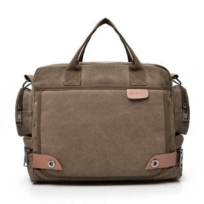 A brown canvas crossbody messenger bag with padded straps and flap.