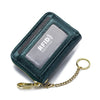 Cartera de cuero genuino verde oscuro con soporte para tarjeta y cadena dorada.