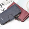 A dark gray elegant PU leather card holder wallet next to a maroon version and a pearl necklace on a white background.