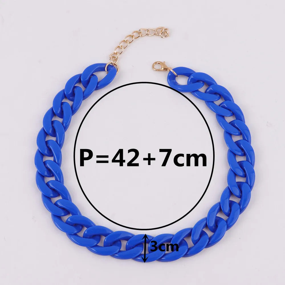 Blue acrylic link chain necklace with a 3cm thickness and a total length of 49cm.