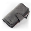 A dark gray elegant PU leather card holder wallet with a zippered closure and leather trim.