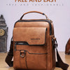 A brown vintage PU leather crossbody messenger bag with a leather strap is shown on a wooden surface.