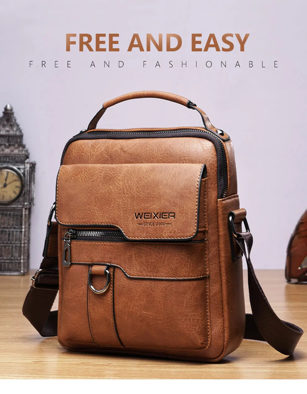 A brown vintage PU leather crossbody messenger bag with a leather strap is shown on a wooden surface.