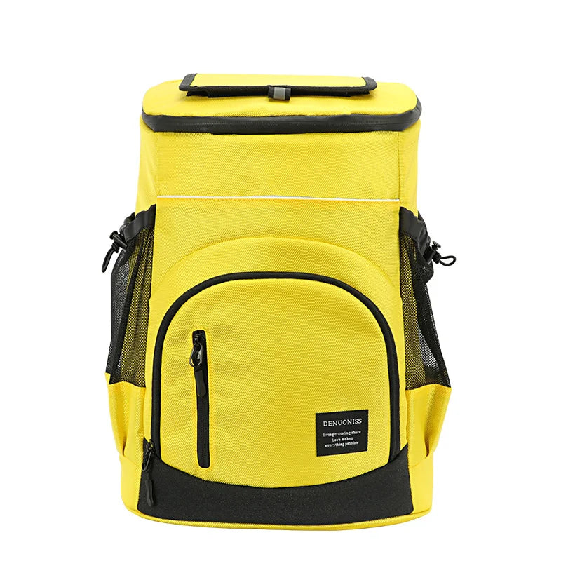 A bright yellow insulated thermal cooler backpack with black accents and mesh pockets.