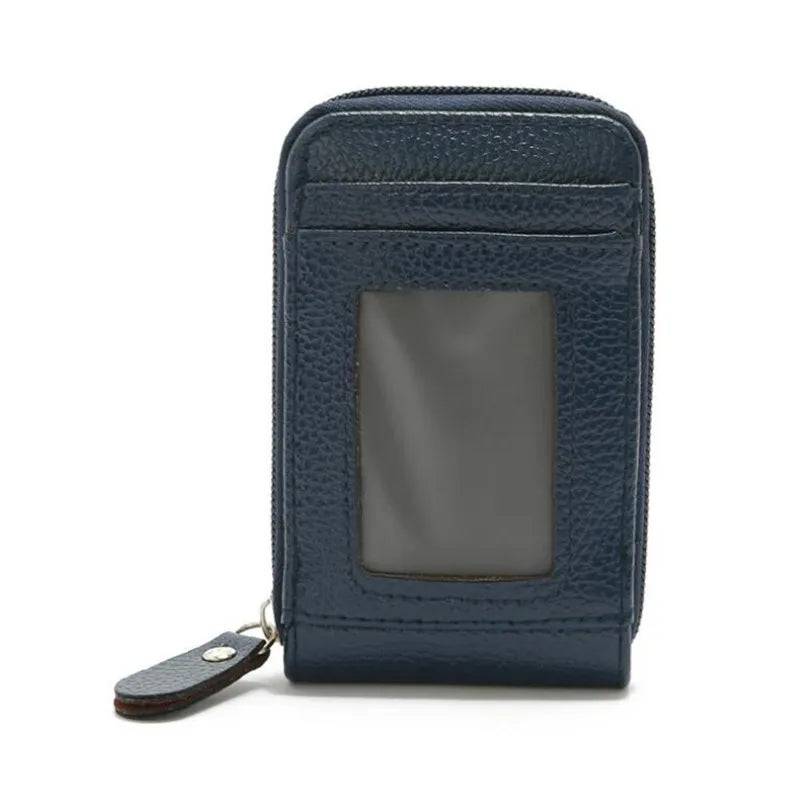 A dark blue genuine leather multi-slot wallet for cards and cash.
