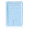 Light blue slim leather card holder wallet with stitched edges and a cutout for cards