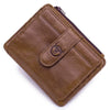 A brown genuine leather card holder with a stitched flap and embossed logo.