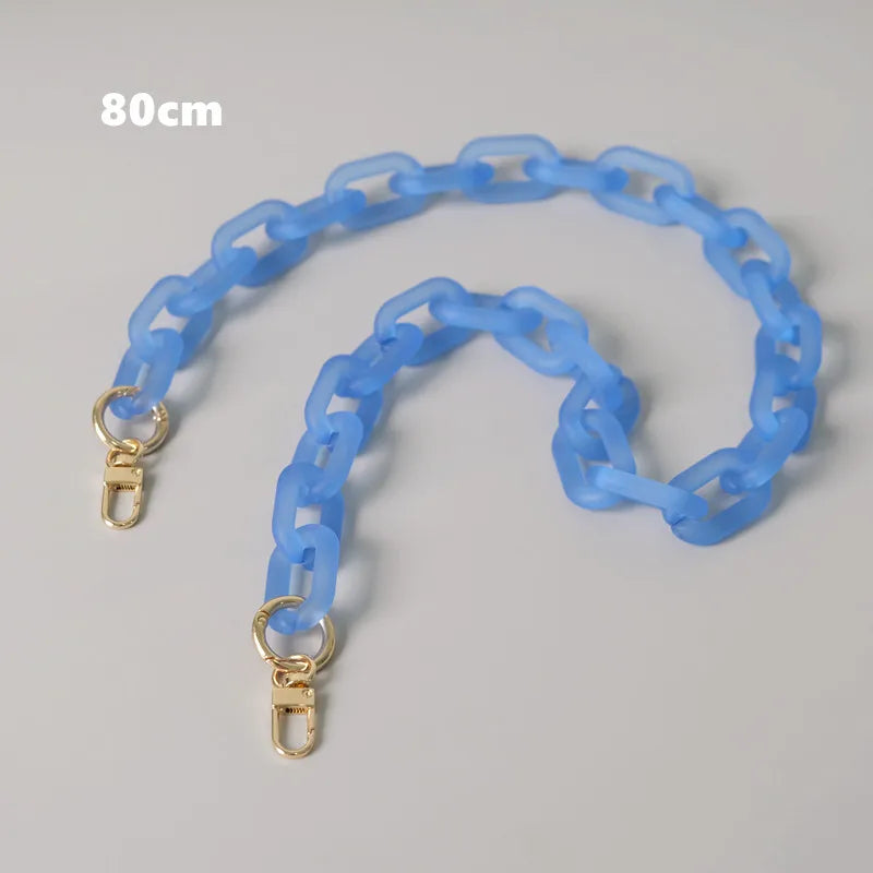 A light blue adjustable detachable chain shoulder bag with gold-colored clasps.