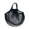 A black reusable organic cotton mesh grocery tote bag with a drawstring closure.