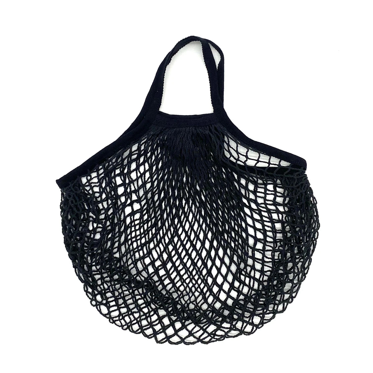 A black reusable organic cotton mesh grocery tote bag with a drawstring closure.