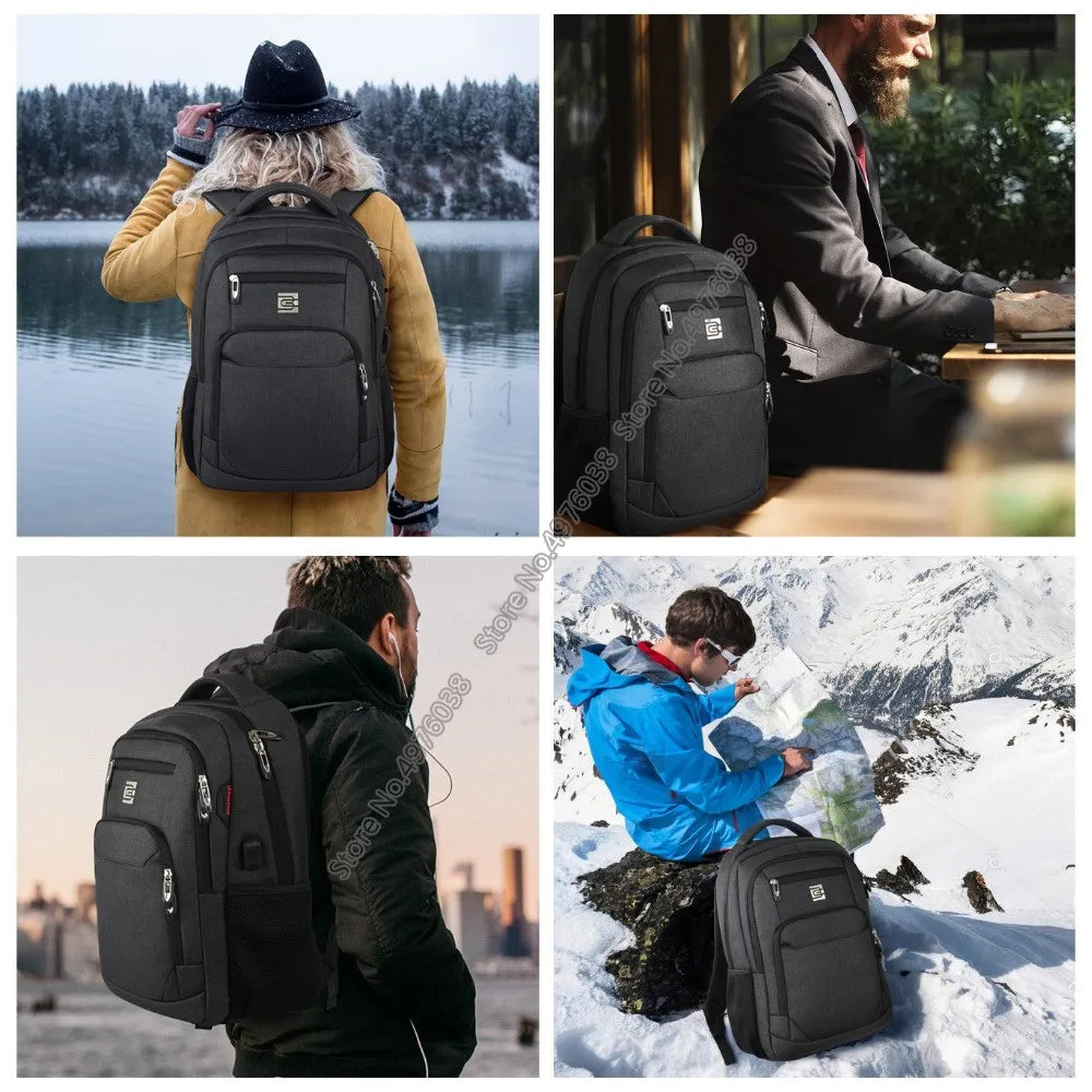 A business travel laptop backpack is shown being used by various people in different outdoor and urban settings.