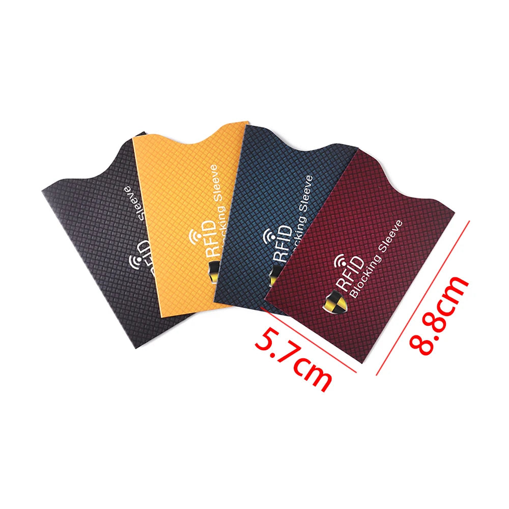 A set of four colored RFID blocking card sleeves displayed diagonally with dimensions shown.