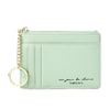 A light mint green compact PU leather zip wallet with a gold chain keychain.