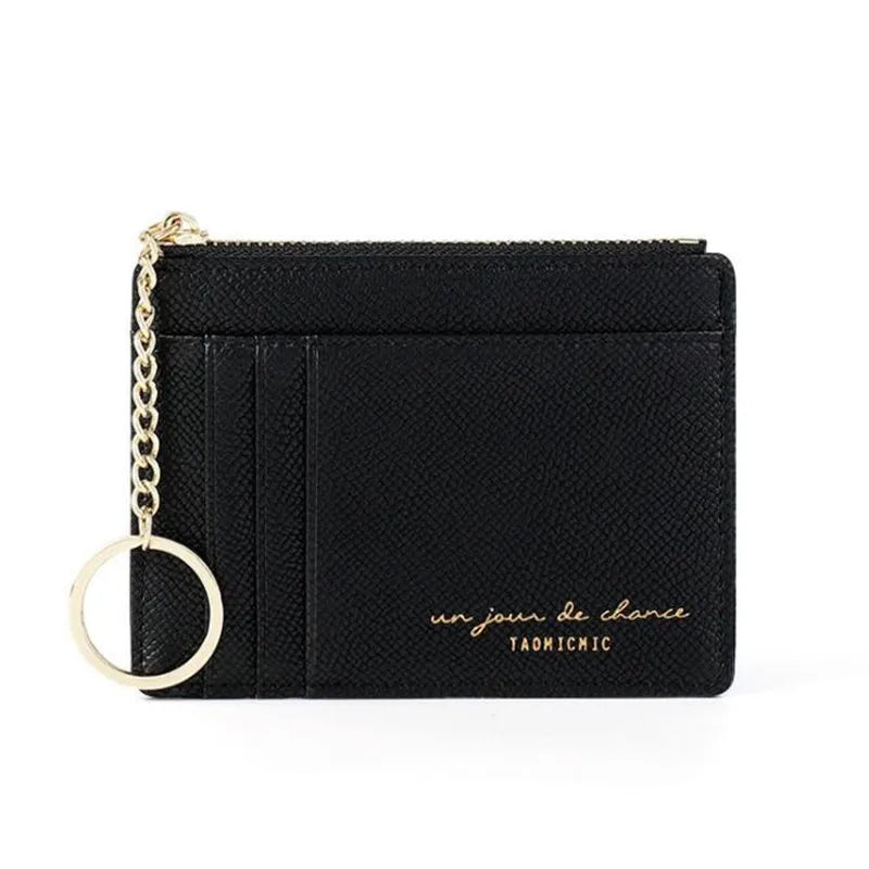 Black compact PU leather zip wallet with a gold chain keychain
