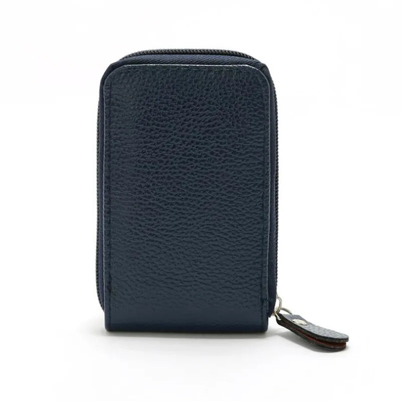 A dark navy blue genuine leather multi-slot wallet for cards and cash.