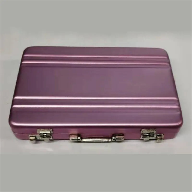 A rectangular purple aluminum case designed to hold credit cards and identification.