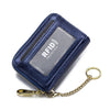 Cartera de cuero azul oscuro para tarjetas con ranura anti-RFID y cadena dorada.
