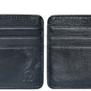 A dark blue genuine leather slim card holder wallet shown in two views.
