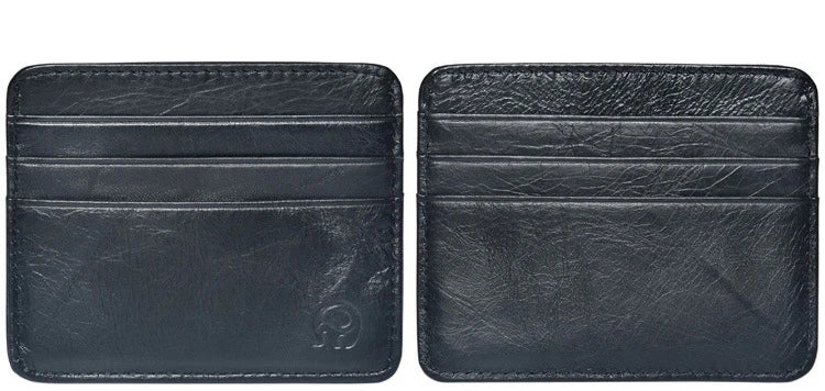 A dark blue genuine leather slim card holder wallet shown in two views.