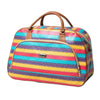 A colorful striped PU leather travel duffel bag with brown leather handles.
