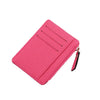A pink PU leather card holder wallet with a black keychain attached.