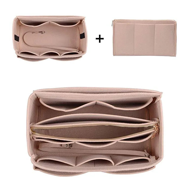 A portable felt cosmetic organizer pouch shown in various forms, including a folded rectangular version and an open pouch.