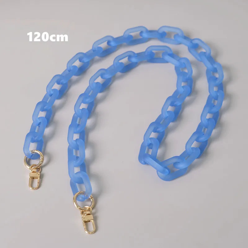 A light blue adjustable detachable chain shoulder bag is displayed against a gray background.