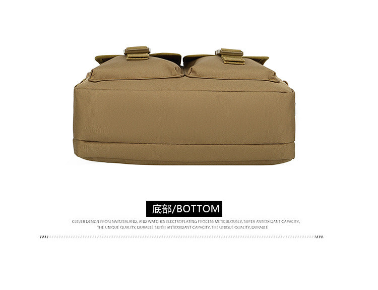 A tan tactical multifunction fanny pack shown from the top view.
