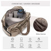 A brown leather duffle bag is shown open, displaying various internal compartments for toiletries, books, bottles, electronic