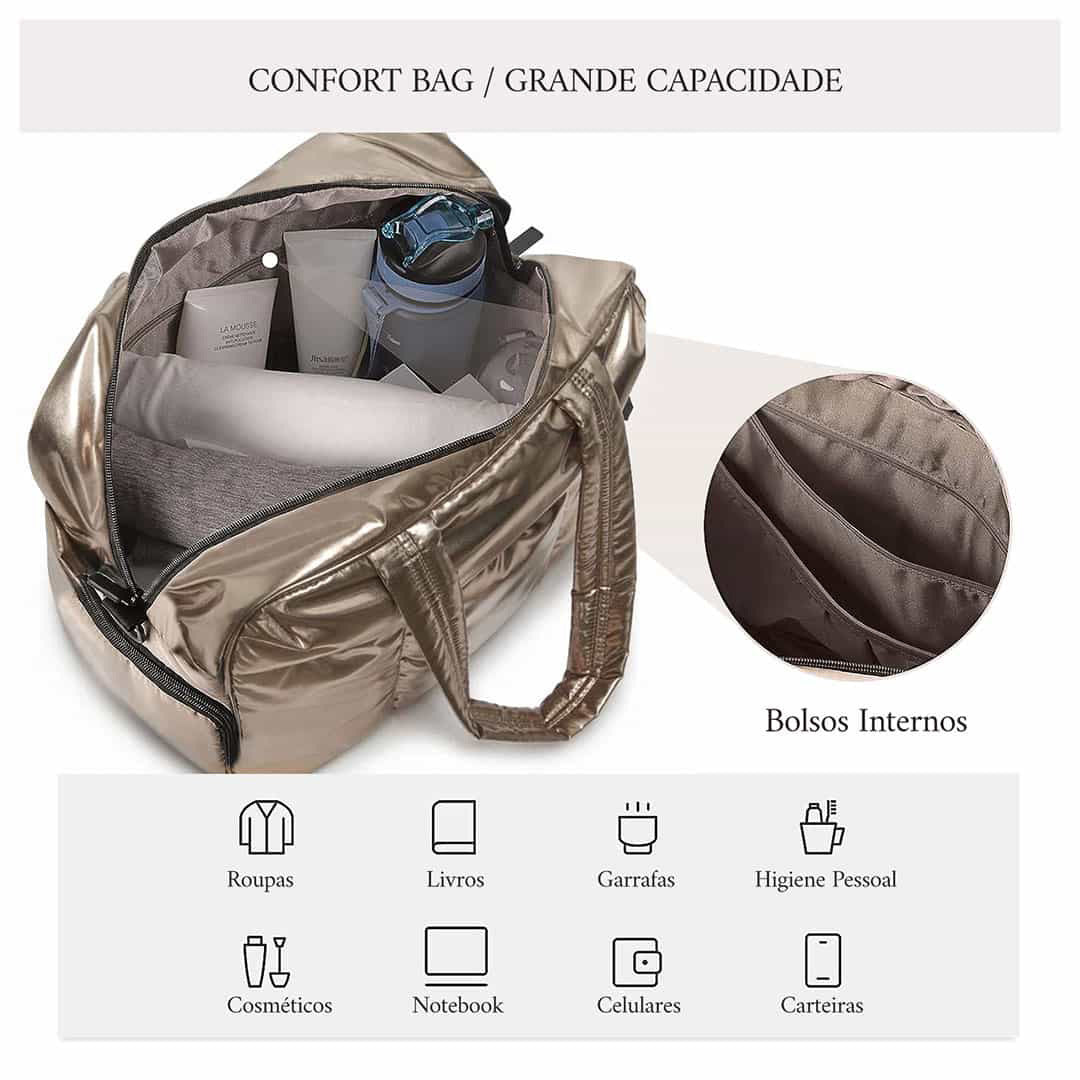 A brown leather duffle bag is shown open, displaying various internal compartments for toiletries, books, bottles, electronic