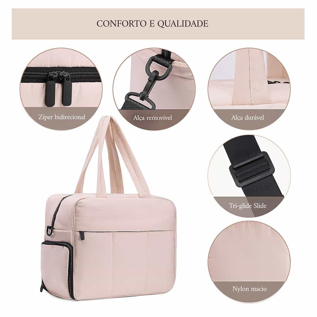 Pink nylon travel duffle bag with bidirectional zipper and durable strap features