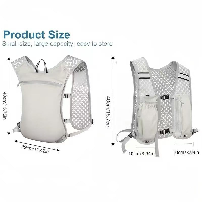 A white hydration vest backpack shown from the front and side, highlighting its size and features.