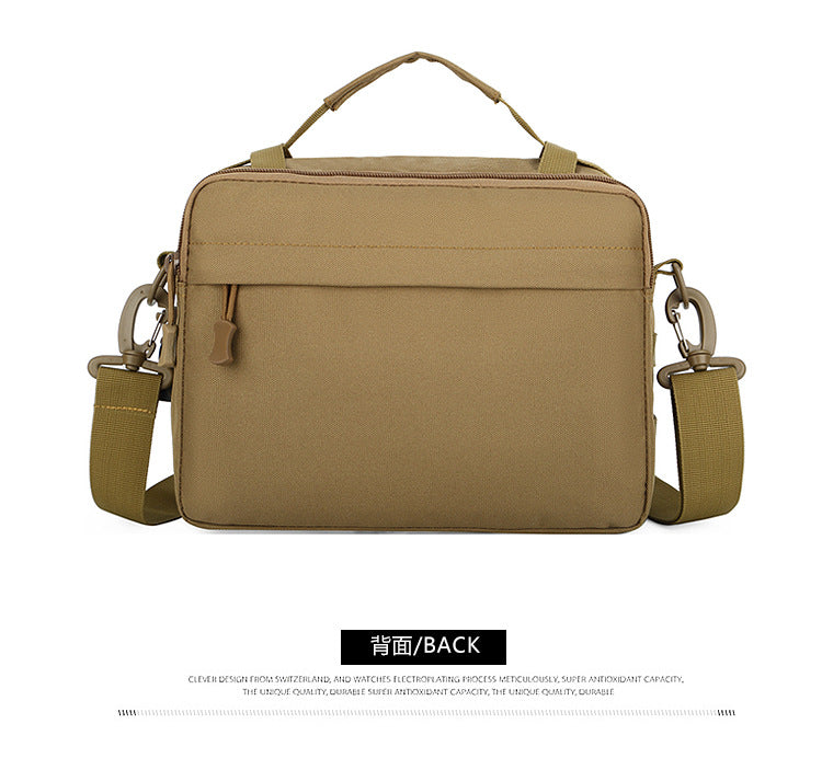A tan tactical multifunction fanny pack with adjustable straps and a top handle.