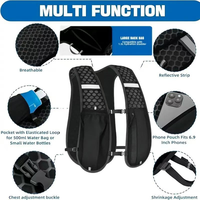 Black multi-function hydration vest backpack featuring breathable fabric, a reflective strip, and various adjustment features