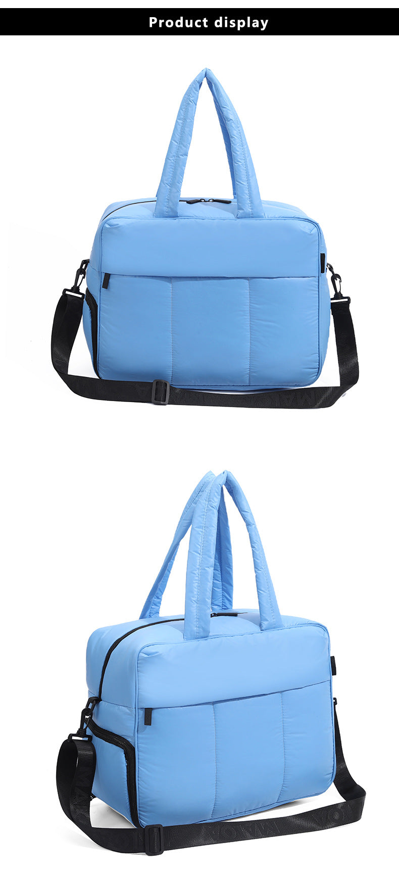 Light blue women's travel duffle bag with black straps and handles displayed against a white background.