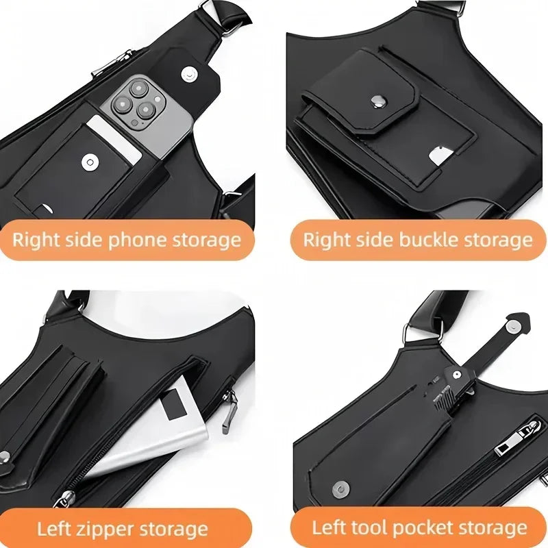 Schwarzes taktisches Aufbewahrungsgürteltasche mit verschiedenen Fächern für Handy, Schnalle und Werkzeugfächer