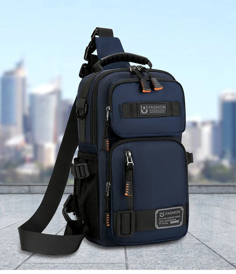 A navy blue multifunctional chest bag with black straps and buckles is shown against a blurred city skyline.