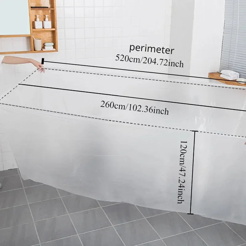 A white disposable bathtub liner set is shown with dimensions and measurements.