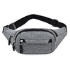 A gray canvas waist fanny bag with black strap and zipper visible from the top.
