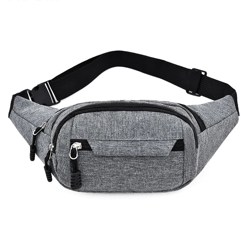 A gray canvas waist fanny bag with black strap and zipper visible from the top.