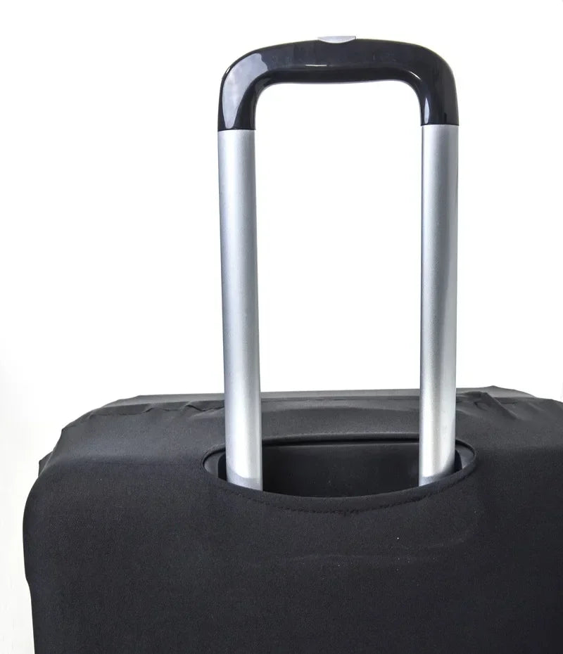 A black stretch fabric luggage protector cover with silver handles.