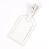 A white PU leather luggage tag with a rectangular shape and a leather strap attached.