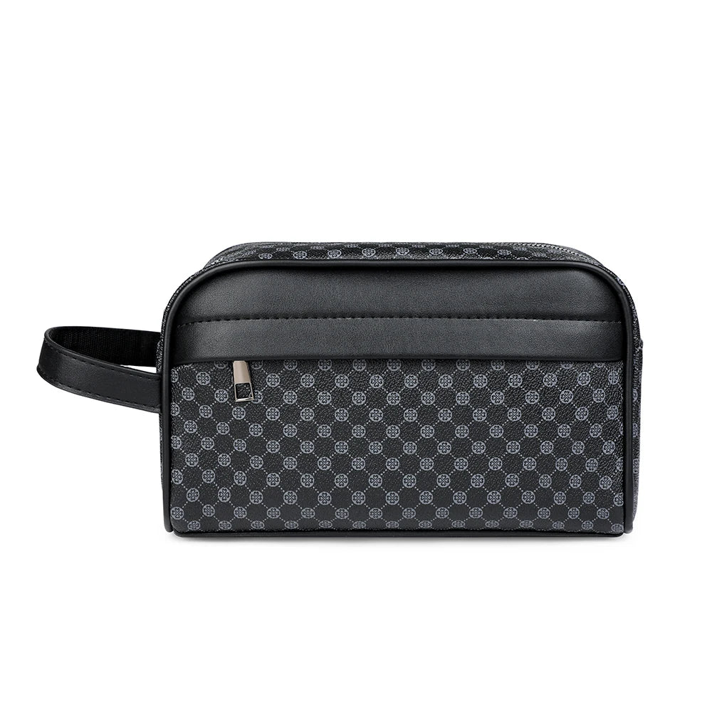 Black men's PU leather clutch handbag with a subtle geometric pattern.